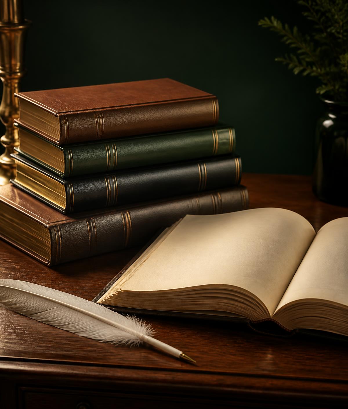Hardcover books, an open manuscript and a white feather on a walnut desk