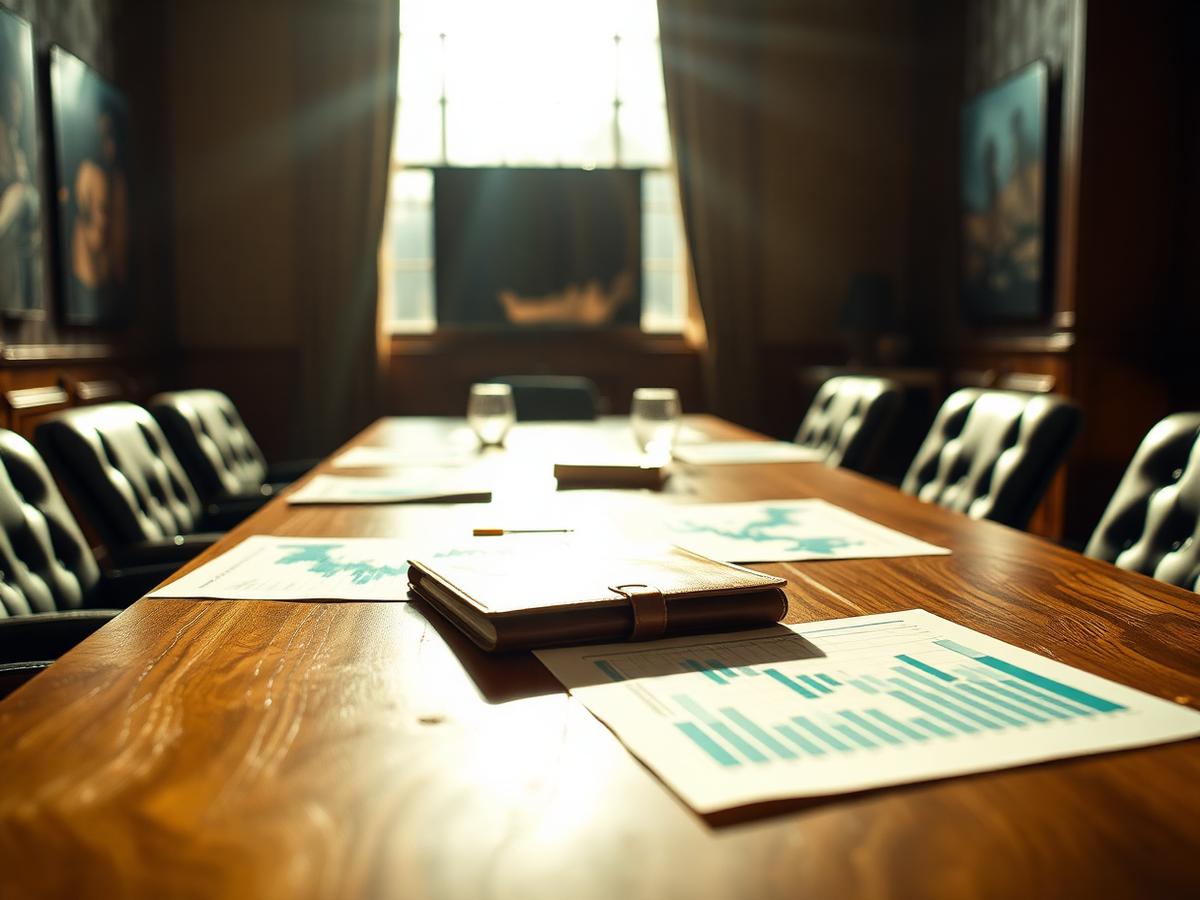 Sunlit boardroom table with printed strategy charts and a leather notebook