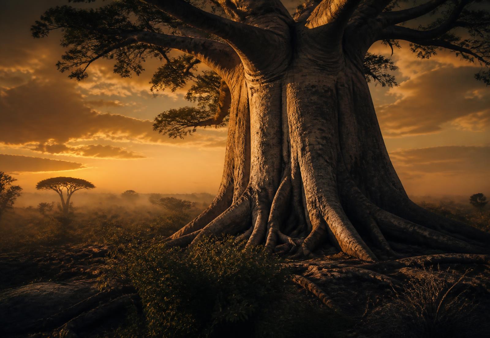 Ancient deep-rooted tree at golden dusk in the African savannah