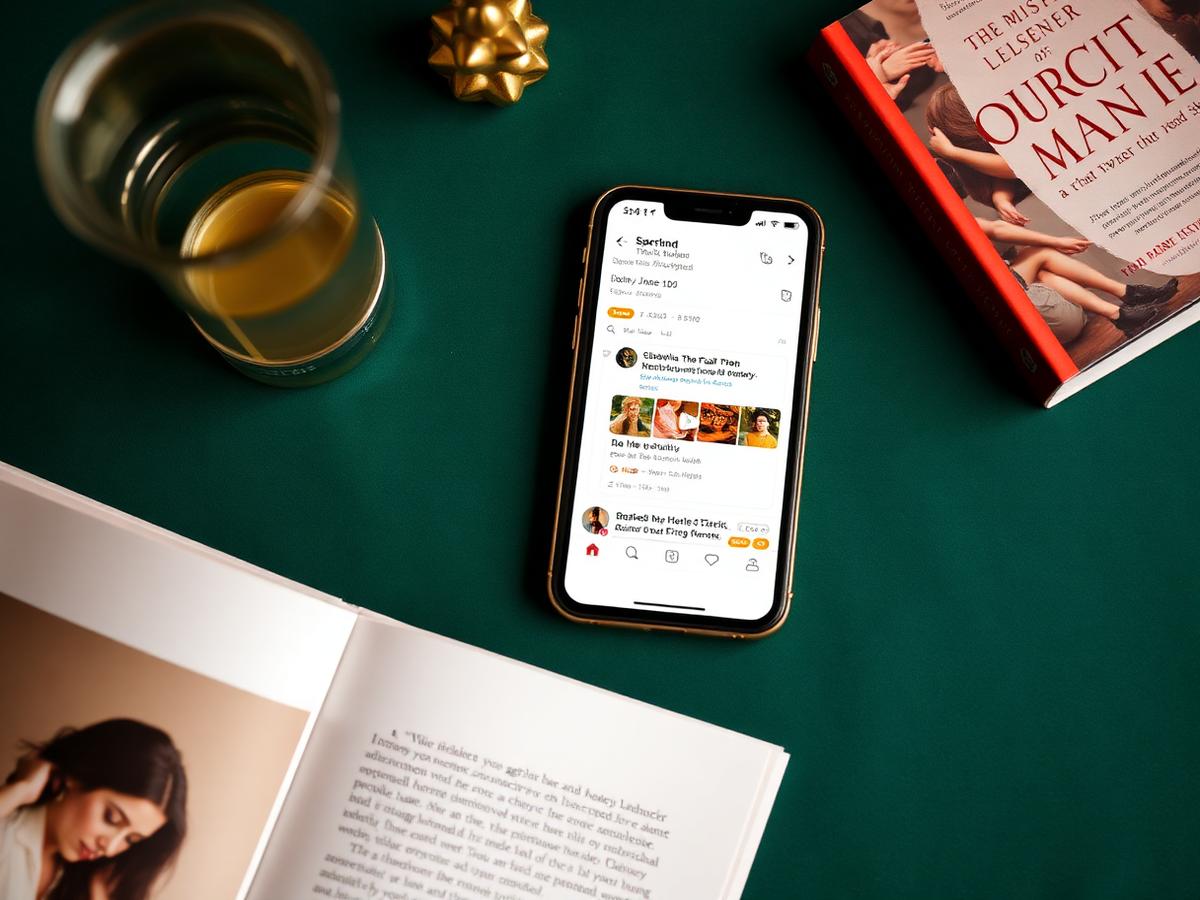 Book launch campaign flat-lay with a phone showing a social feed and printed press material