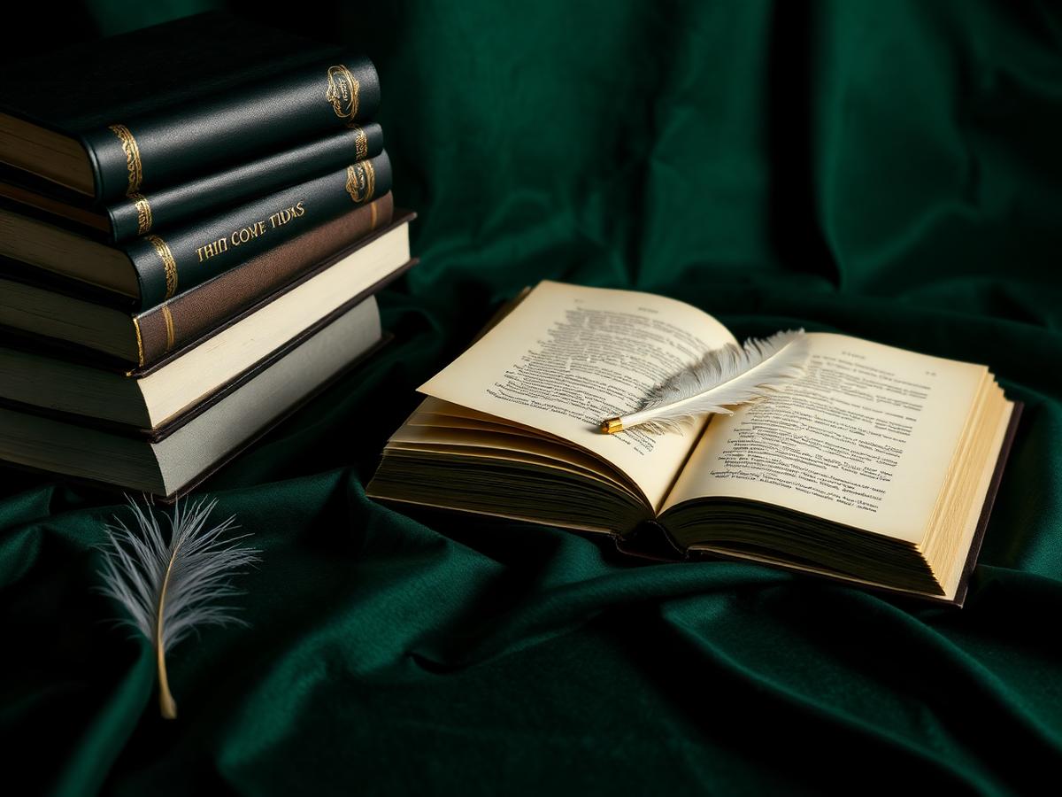 Stacked hardcover books and an open manuscript with a white feather on emerald cloth